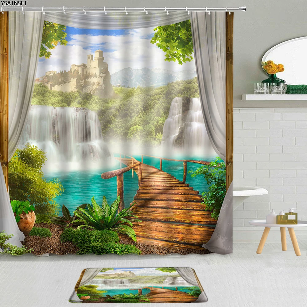 

2Pcs Fantasy Waterfall Forest Shower Curtain Ocean Wooden Bridge Plant Flower Landscape Bathroom Non-Slip Carpet Bath Mat Set