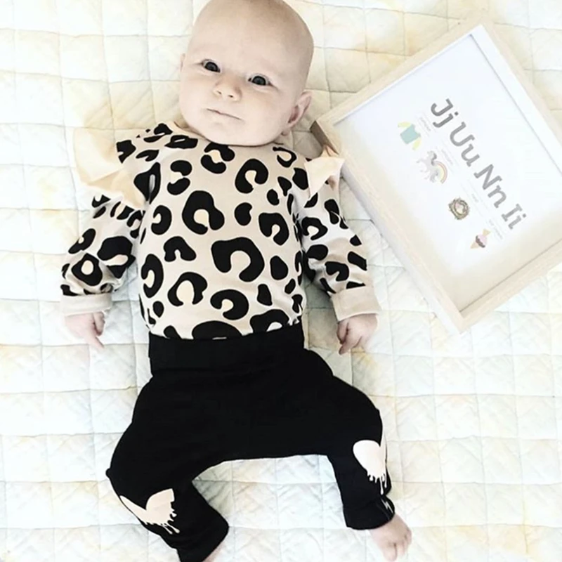 Newborn Baby Girl Clothes Set Fashion Cotton Leopard Print Long Sleeved Romper Top+pants+Headband Toddler Infant 3pcs | Детская одежда