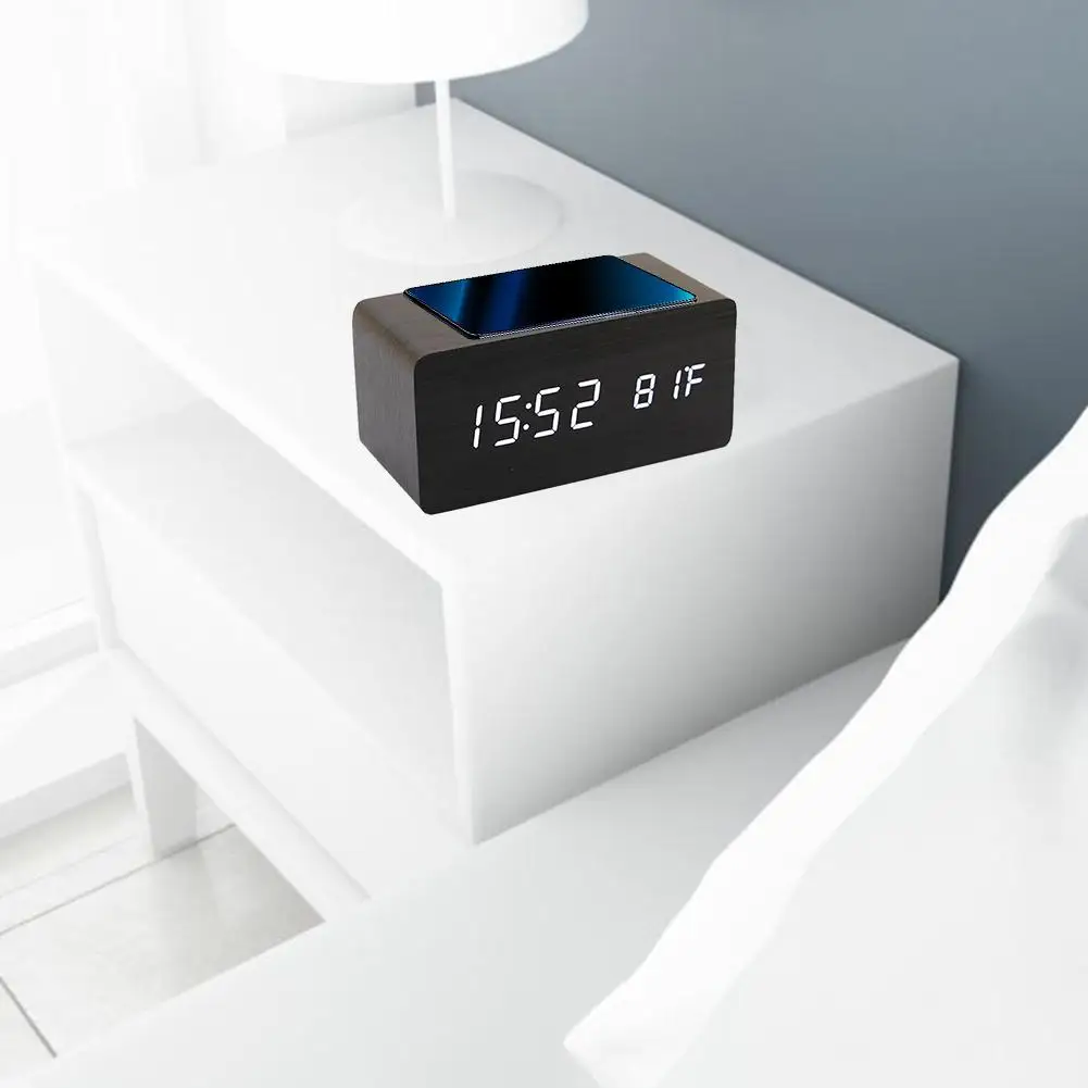 led wood night light electric digital alarm clock lamp multi function supports wireless harging of smart phones desk table lamp free global shipping