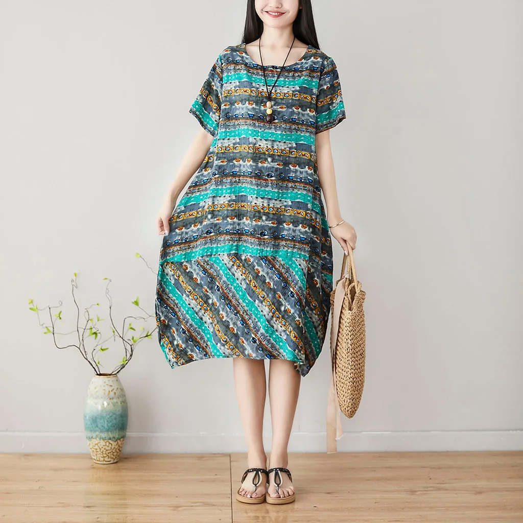 Элегантное женское платье в винтажном стиле с модным принтом и коротким рукавом