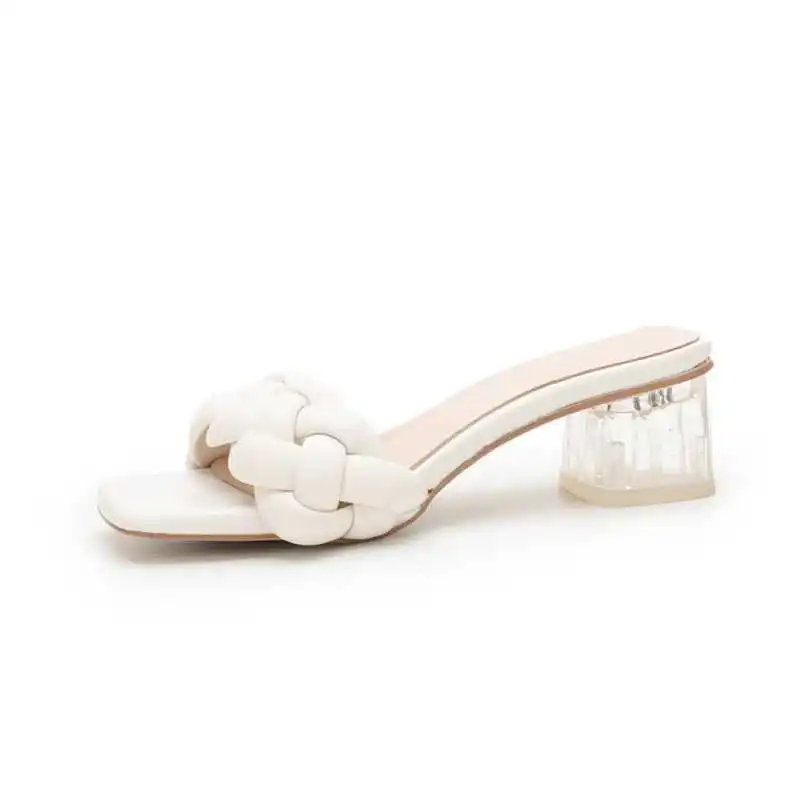 

Woven crystal thick heel slippers gentle fairy style off white medium heel slippers