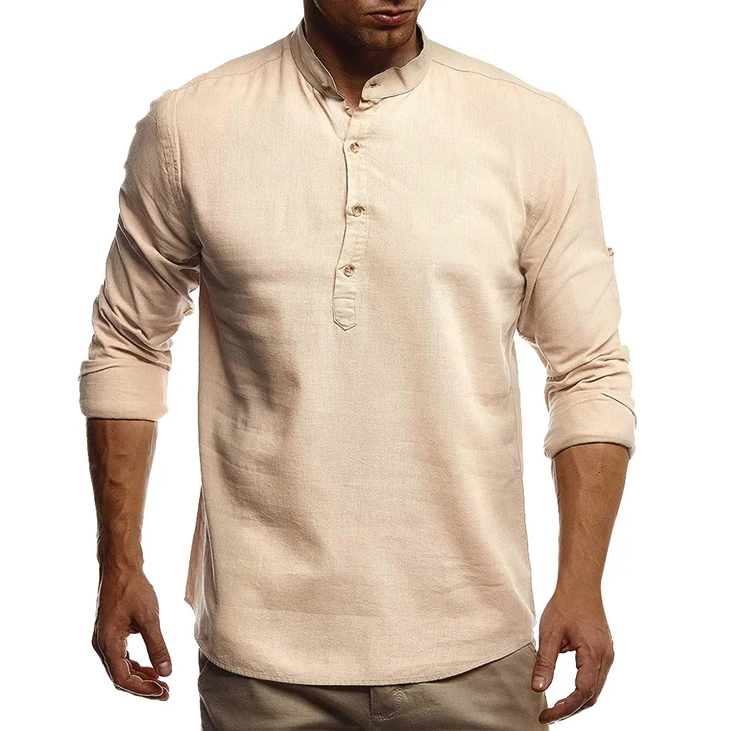 Мужская льняная рубашка SAGACE разноцветная с длинным рукавом и воротником стойкой