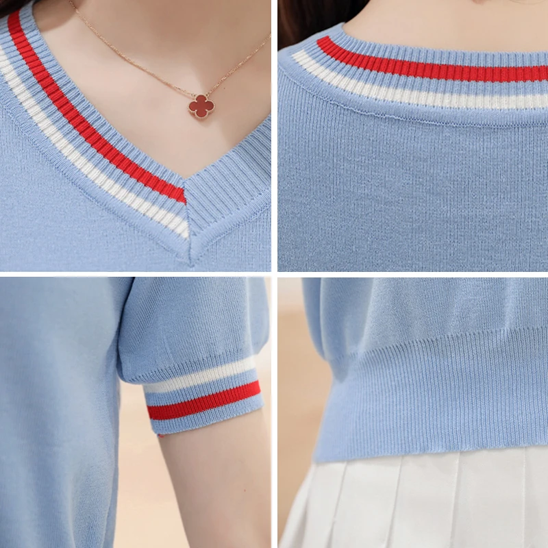 

Summer Contrast Color V-Neck Short T-Shirt Women Fashion Short Sleeve Thin knitted Tops Chic Stretch Pullover Tees Female