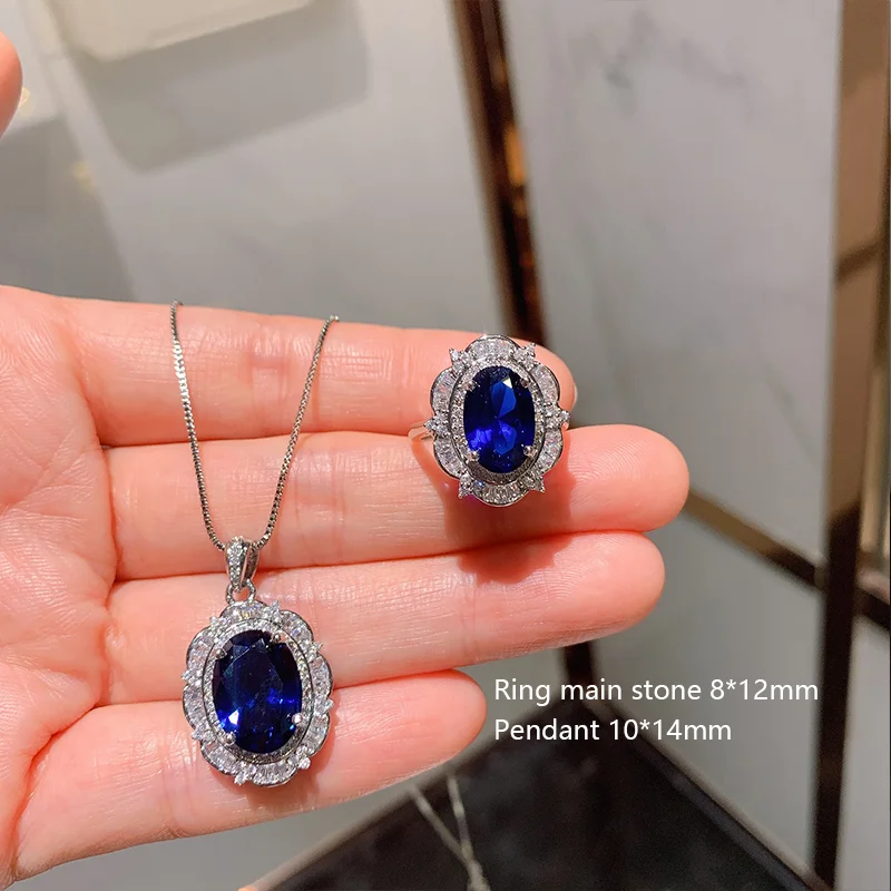 

S925 Silver Needle European And American Tanzanite Blue Ring Pendant Jewelry Set Ring Main Stone 8*12 Pendant 10*14 Women's Jewe