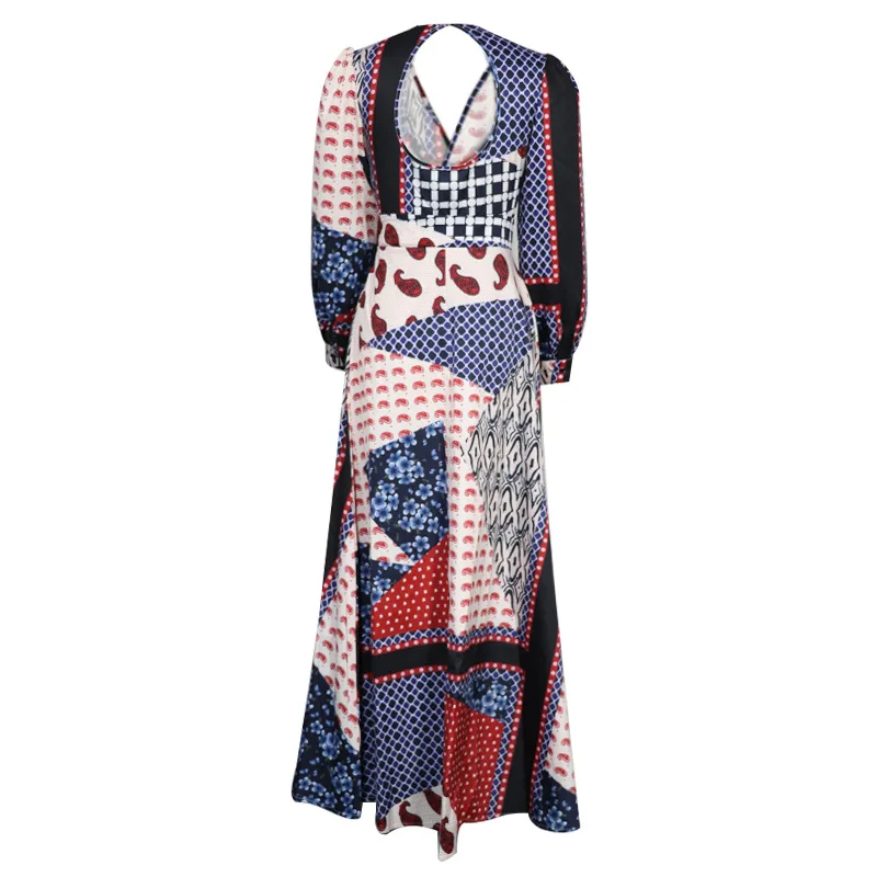 

Bohemian patchwork print wrap dress Women backless cut out long sleeve v neck high waist maxi dress Fall long dresses for women