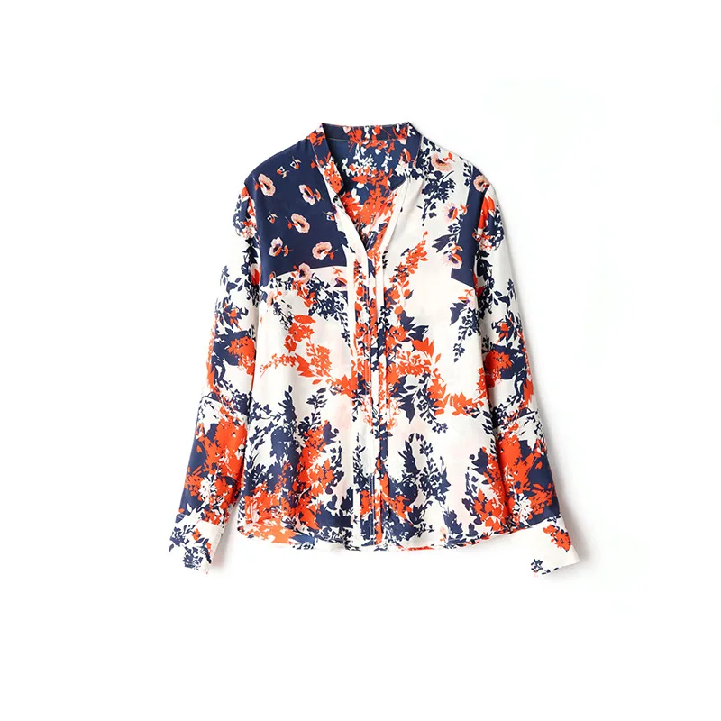 

AELESEEN Runway Fahsion Women Blouse 2020 Spring Summer Flower Prints V-neck Silk shirt Ladies Casual Blouse Tops