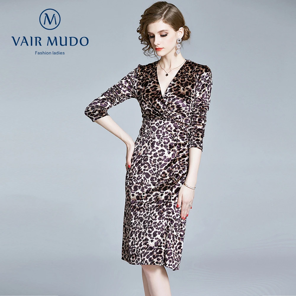 

Women dressV-neck feminine temperament waist slimming wrinkled long-sleeved sexy low-cut leopard print skirt fishtail skirtY-422