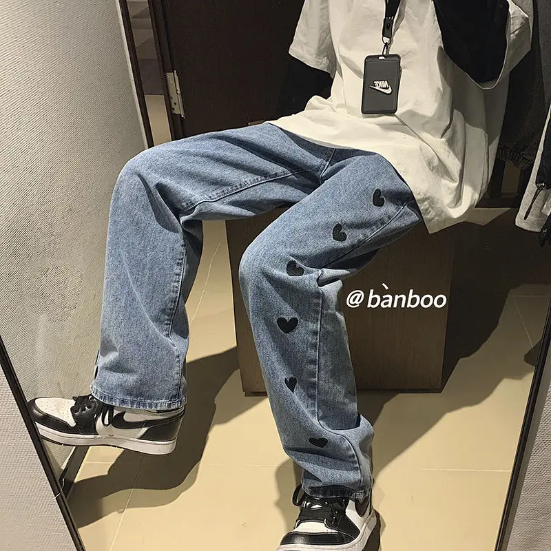 

2021 мужские мешковатые Homme прямые брюки для девочек с принтом сердечек джинсы модные синие/черные повседневные брюки байкерские джинсовые ш...