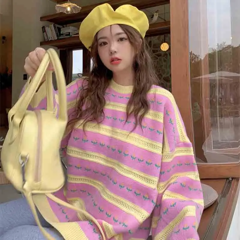 

Женский свитер в полоску, с длинным рукавом, свободного покроя