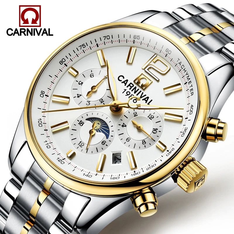 Carnival Brand Fashion Gold Automatic Watch Men Luxury Waterproof Luminous Moon Phase Mechanical Wristwatches Relogio Masculino enlarge