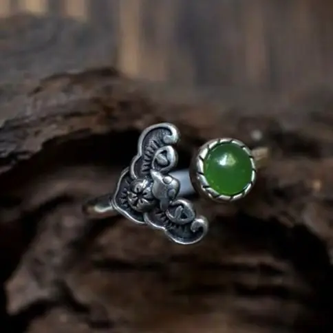 SNew silver inlaid Hetian jasper ethnic style retro original jewelry niche design neutral men and women opening adjustable ring | Украшения