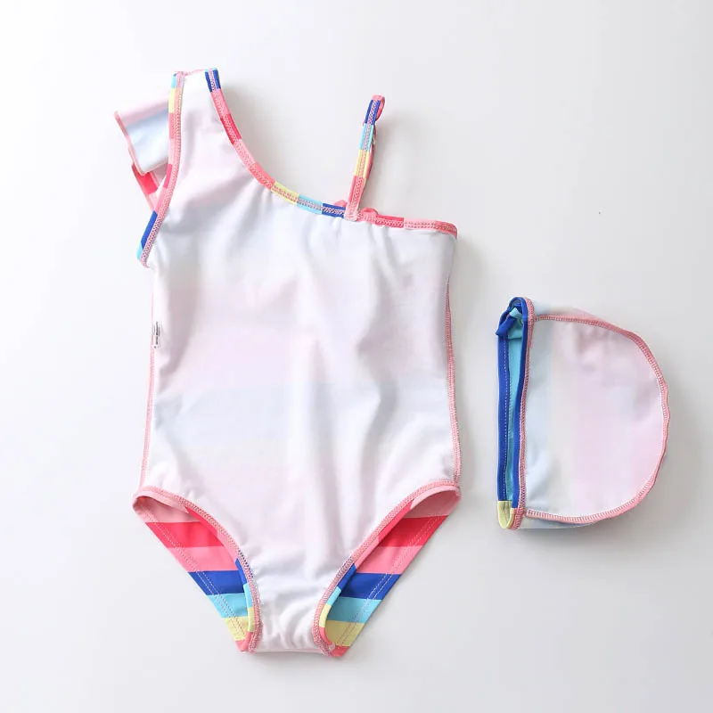 

Baby Girls Swimwear Summer Striped Bow One Shoulder Toddler One Piece Swimsuit+Hat Suit Children's Swim Set