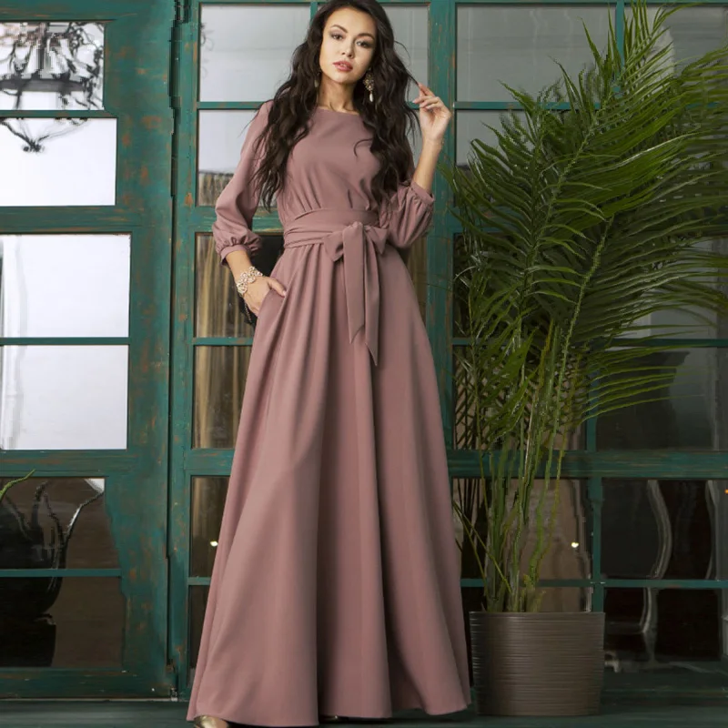 

Bandage Maxi Long Dress Lantern Sleeve O Neck A-Line Pocket Casual Temperament Fashion 2021 Summer Beach Style