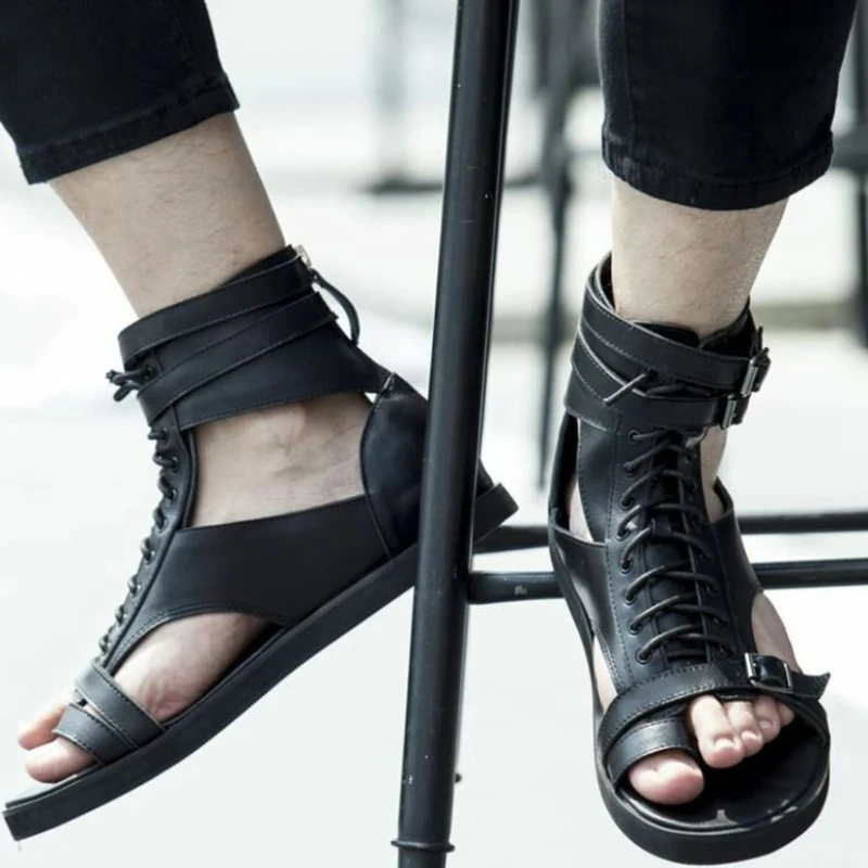 

2021 Summer New Men's Fashion High Top Sandals Versatile Men's Pu Casual Lace Up Zipper Sandals Men Shoes