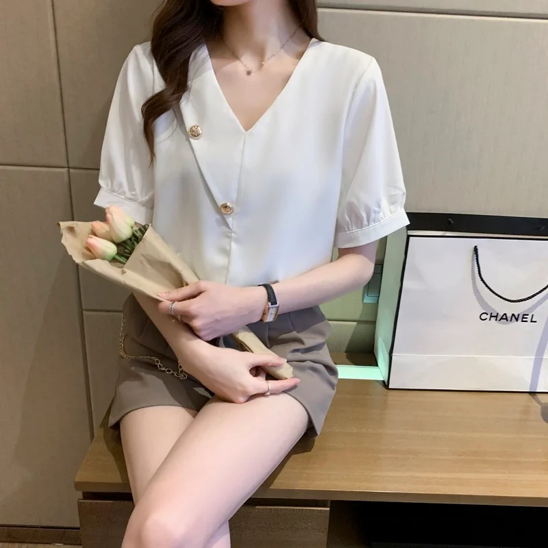 

Women's Blouse Short Sleeve Top V-neck Shirts Solid Color Blouses Fashion Tops Casual Shirt Summer New Korean Chiffon Houthion