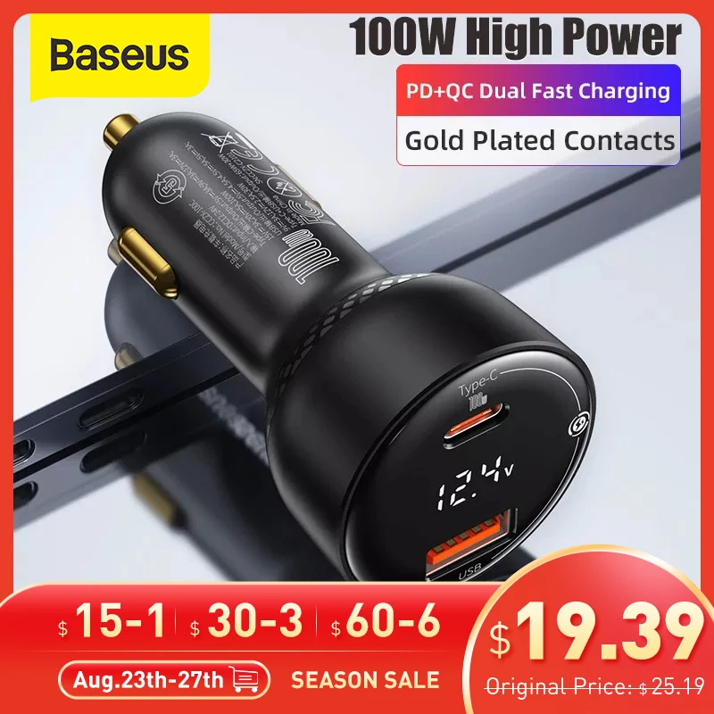 Автомобильное зарядное устройство Baseus 100 Вт с двумя портами USB Type C, быстрое зарядное устройство с цифровым PPS QC PD 3,0, зарядное устройство для н...