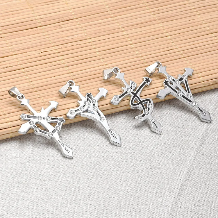 

Titanium Steel 12 Twelve Constellations Cross Necklace Pendant Simple Trendy Student Domineering Jewelry Gift Stainless Chain