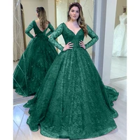 green shinny wedding party dresses 2021 lady v neck long sleeve mother of the bride dress blue formal evening vestido ball gown