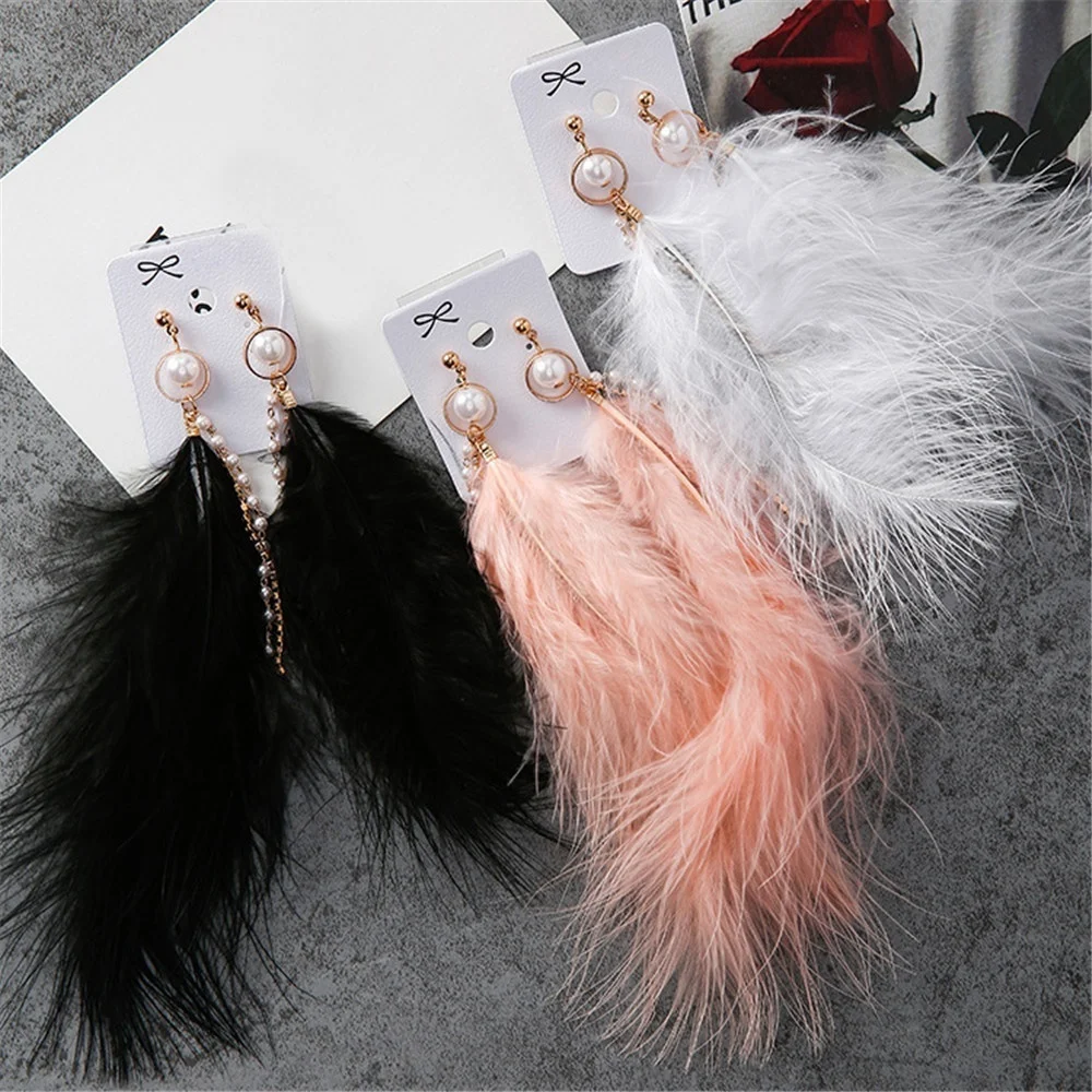 Винтажные серьги с черными перьями для женщин романтические Стразы длинные