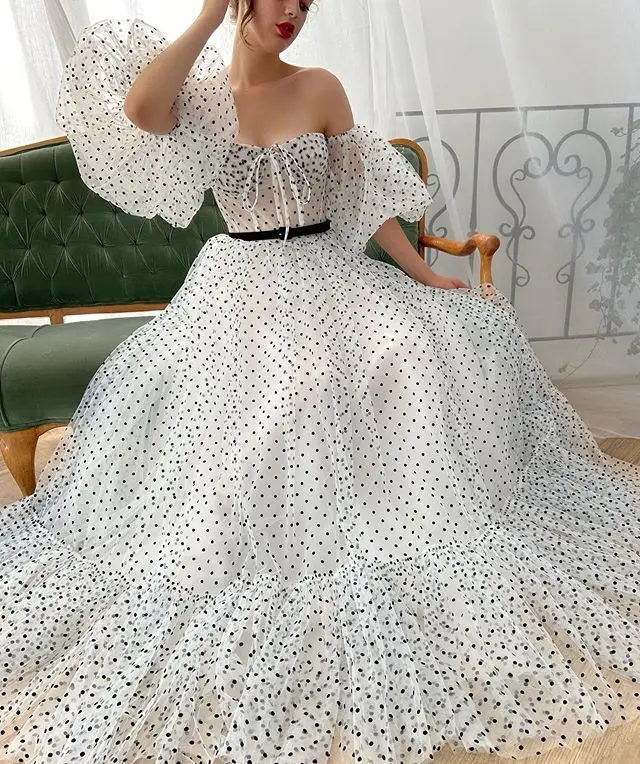 2020 High Quality Elegant Party Dress Dots Sweetheart Boat Neck Sashes Ruffles Prom Dress
