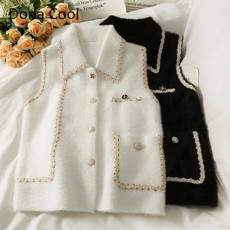 

High Street Women Designer Vest Knitted Mohair Crochet Patchwork Luxury Buttons Pockets Tank Cardigans Office Lady's Party Coats