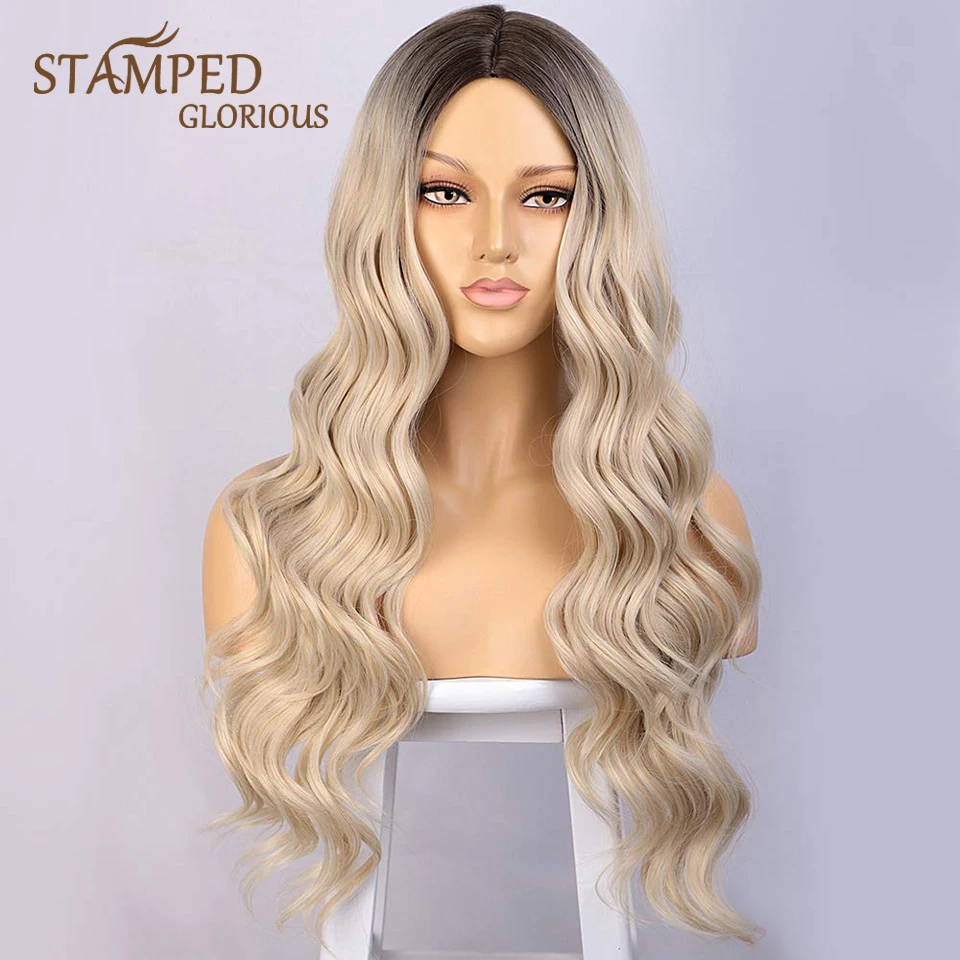 

Штампованный великолепный длинный волнистый парик омбре черный блонд парик синтетические парики для женщин средней части термостойкие во...