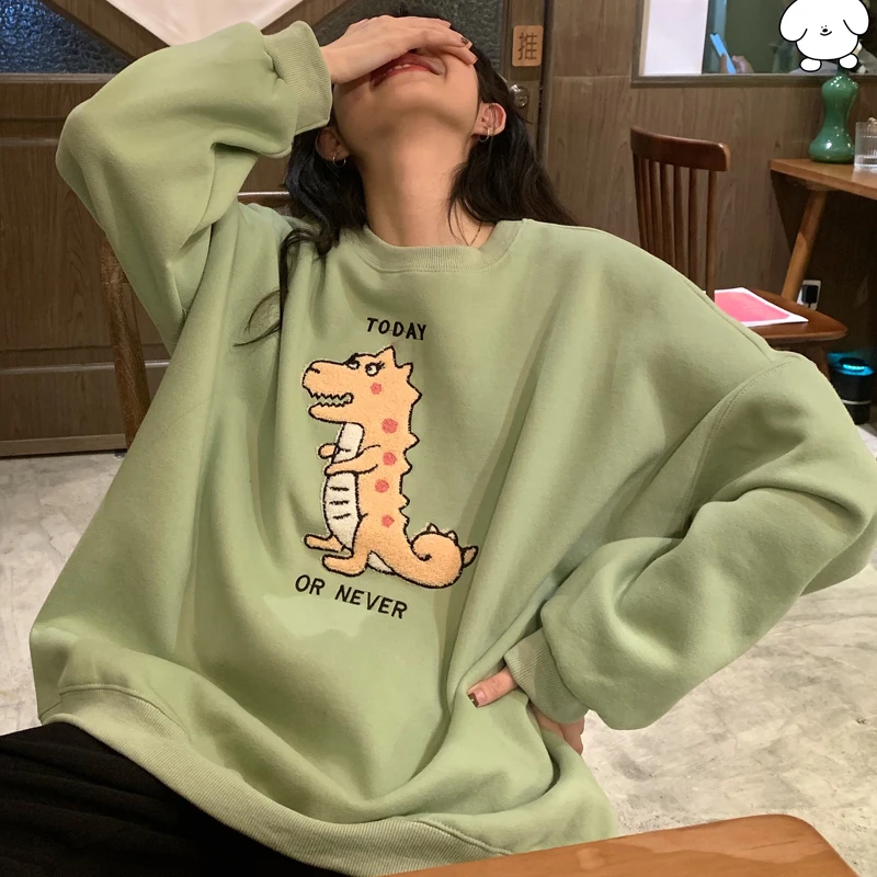 Vintag/Зимняя Повседневная Толстовка с вышитым динозавром бархатный разноцветный