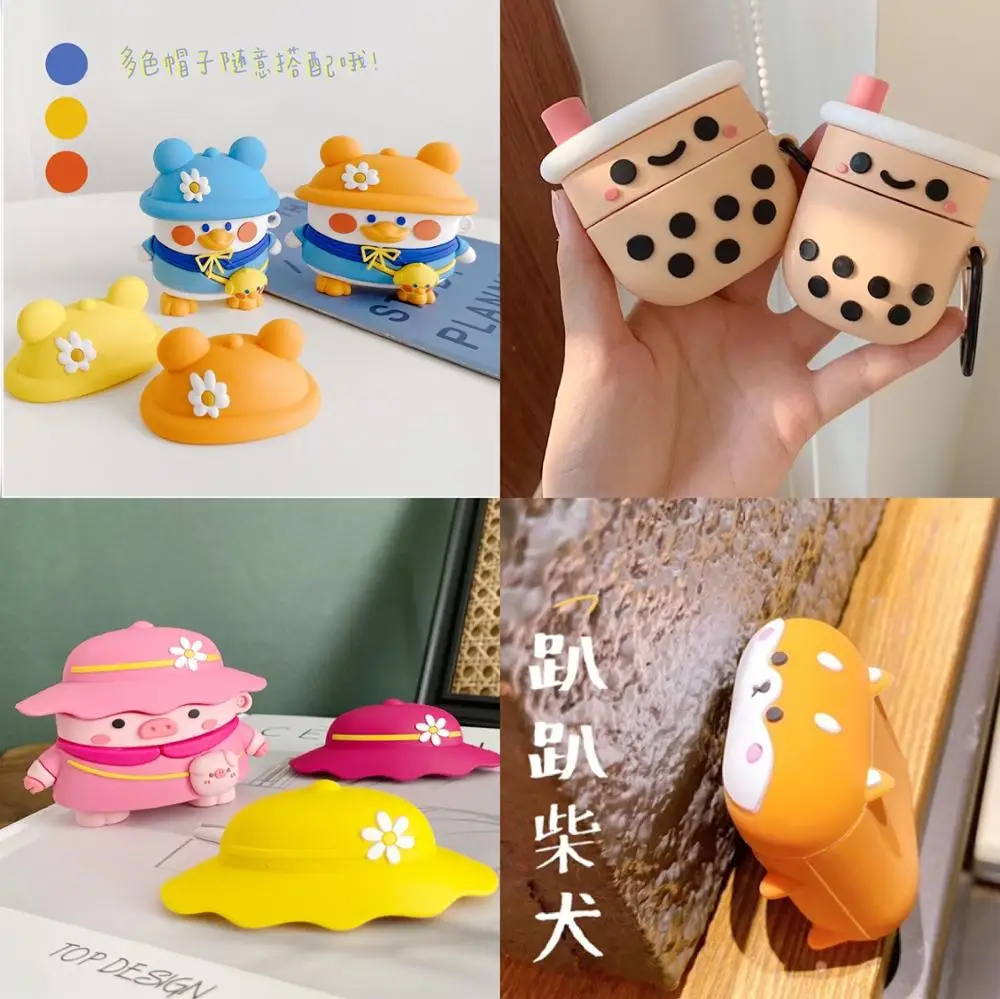 Чехол для наушников силиконовый с 3 Головными Уборами жемчугом молоком чаем