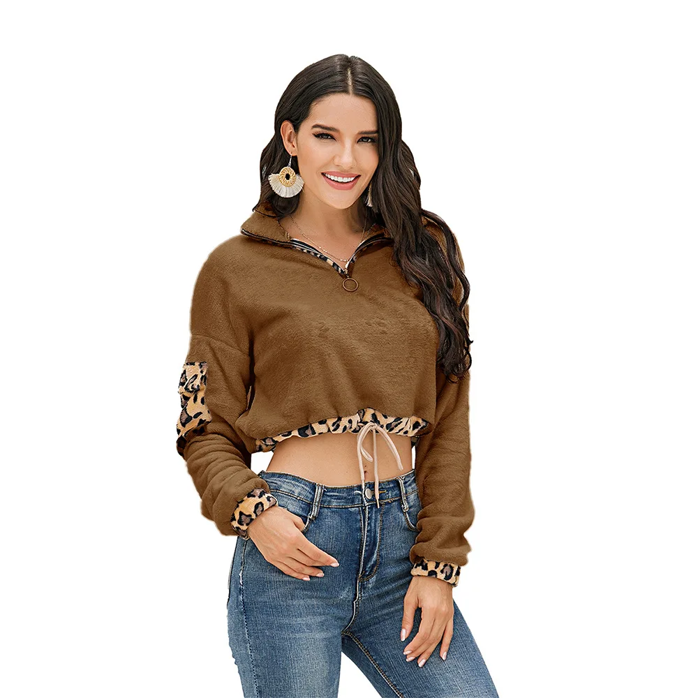 

5 Colors Woman's Sweatshirts Solid Female Hooded Pullovers Leopard Nice Warm Zip-up Drawstring Oversized Hoodies Women Tops