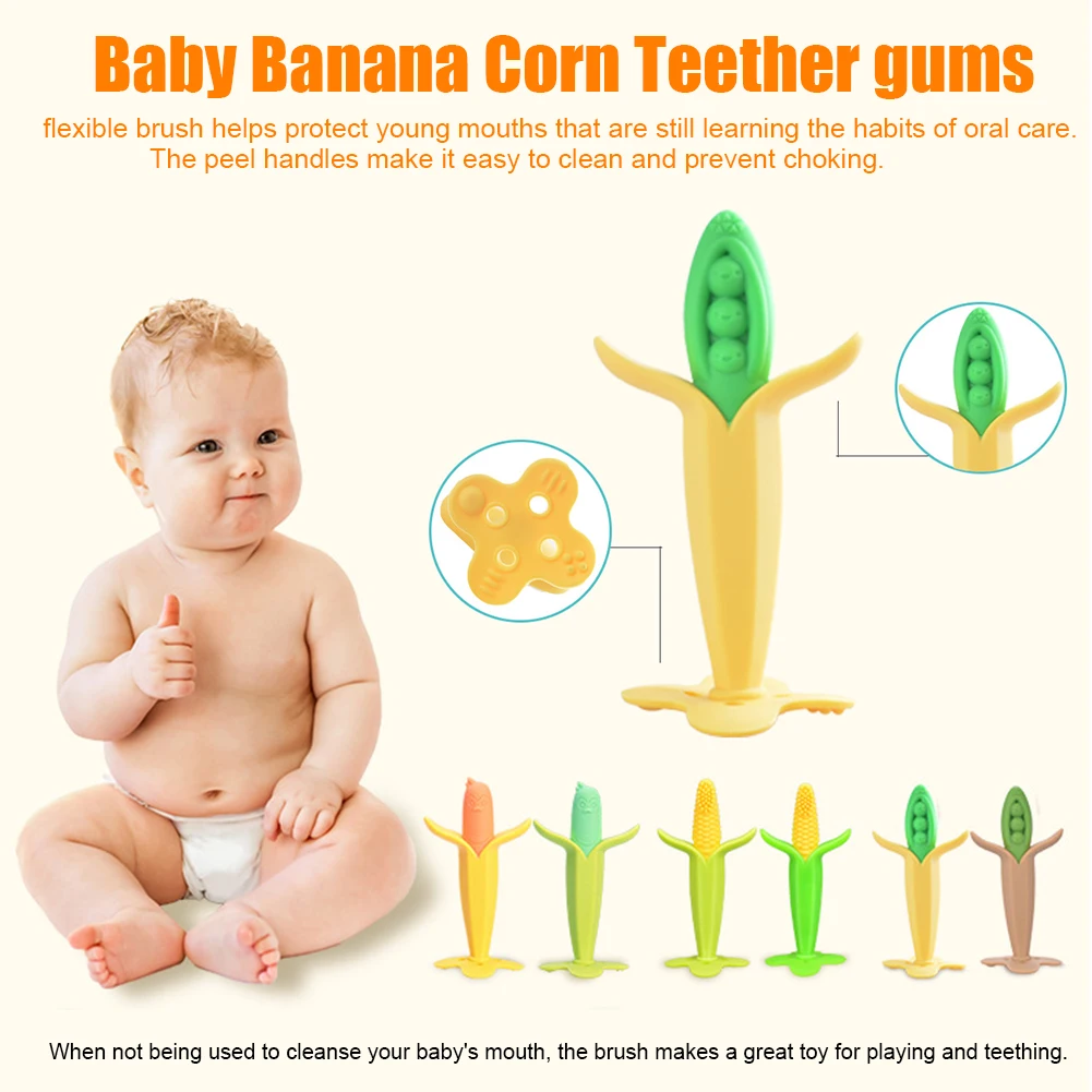 

Tooth Brush Soft Silicone Anti-swallowing Cartoon Banana Corn Gift Chew Toys Portable Toddler Pain Relief Baby Teether Home