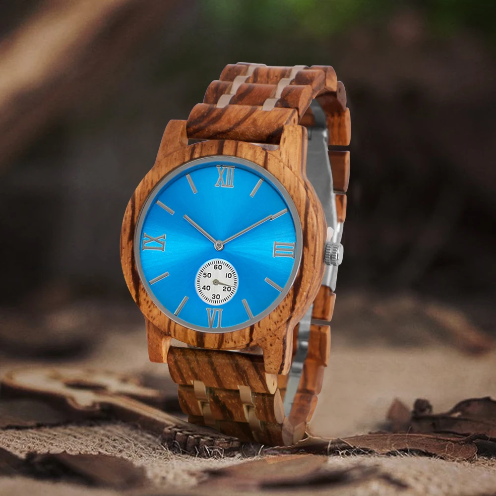 Часы мужские с гравировкой под заказ деревянные кварцевые роскошные синим