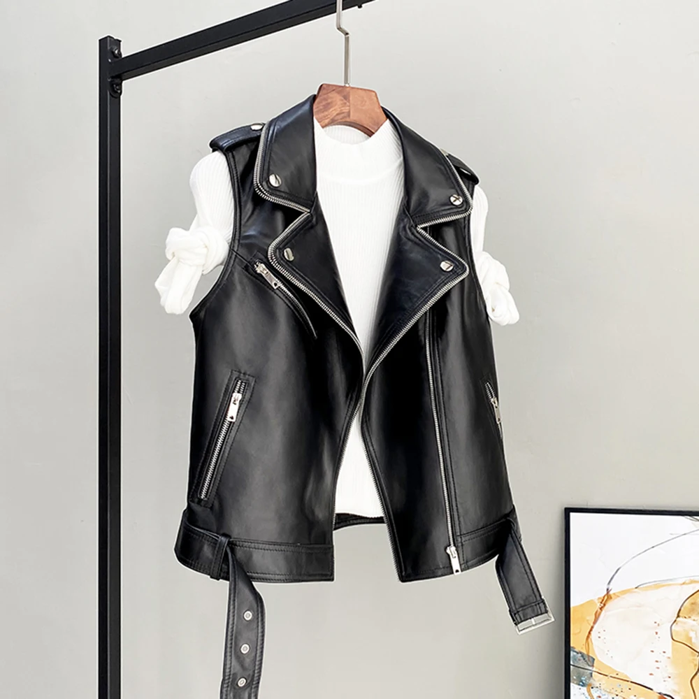 JAZZEVAR 2021 New High Fashion Street Women Real Sheep Skin Zipper Leather Vest Female Genuine Leather Black Motorcycle Jackets