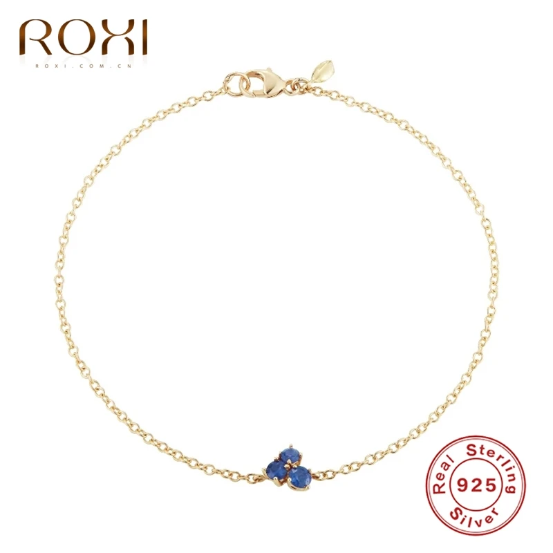 ROXI Blue Rose Red Clover Chains Bracelets for Women Girls Gold Bracelets 925 Sterling Silver Wedding Jewelry Bracelet Femme