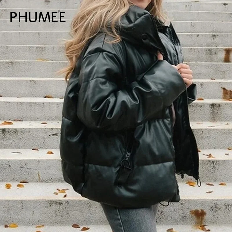 

PHUMEE Streetwear Black Hooded Jackets Women Winter Thick Warm Punk Style Simple Solid PU Leather Coat Outerwear Y2K Clothes