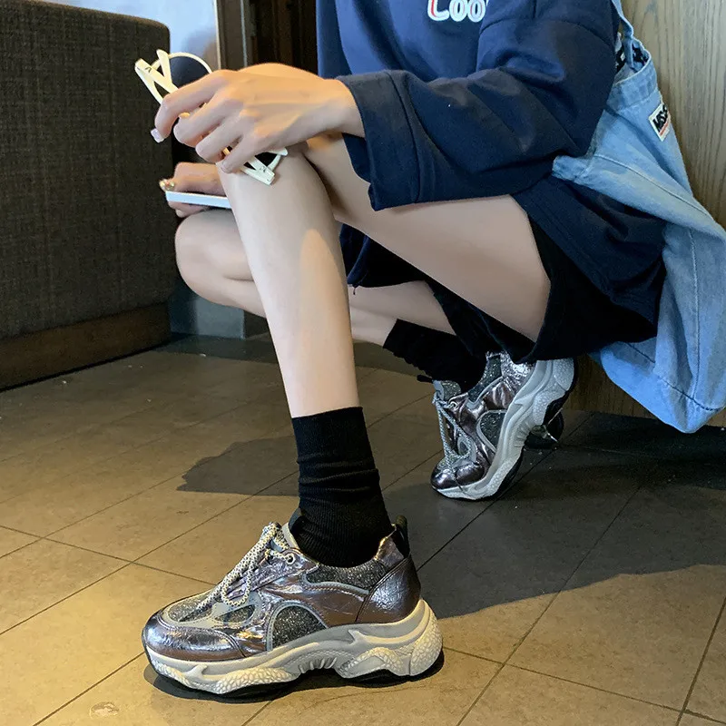 Women's Tennis Shoes Fahsion Sparkling Glitter Lace Up Light Weight Sneaker Chunky Dad Sneakers | Спорт и развлечения