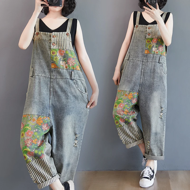 Винтажные женские комбинезоны с цветочным принтом осенние джинсовые открытыми