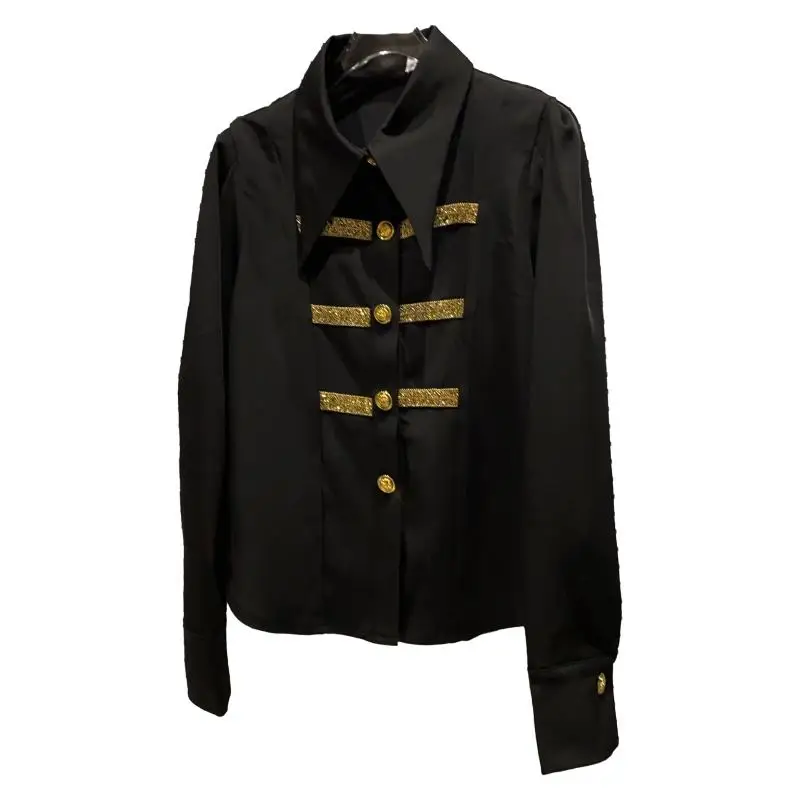 

2021 Spring Streetwear Women Black Shirt Gold Stripes Button Think Long Sleeve Shirts Blouse Tops