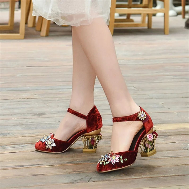 Women Sandals Vintage Wedding Bird Cage Hollow Metal High Heel Rhinestone Velvet Ladies Shoes Buckle Flock Sexy Sandalias Mujer