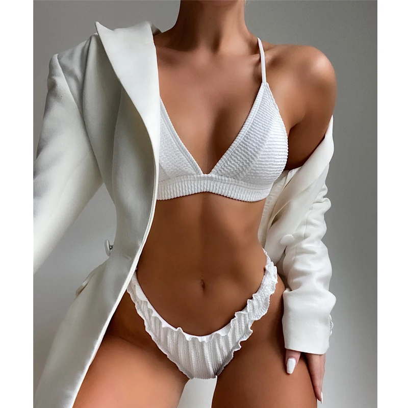 

2022 Ruffled Frilled Bikini Set Sexy High Cut Swimsuit Women's Two-Pieces Biquini White Ribbed Swimwear Female Bathing Suit Swim