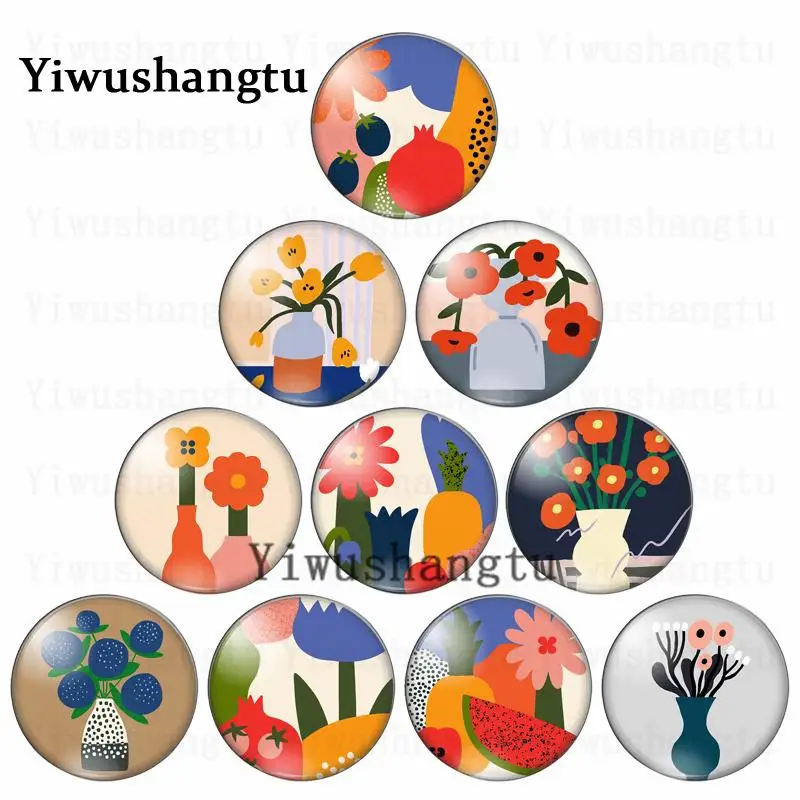 

Beautiful cartoon flower vase images 10pcs mixed 12mm/20mm/25mm/30mm Round photo glass cabochon demo flat back Making findings