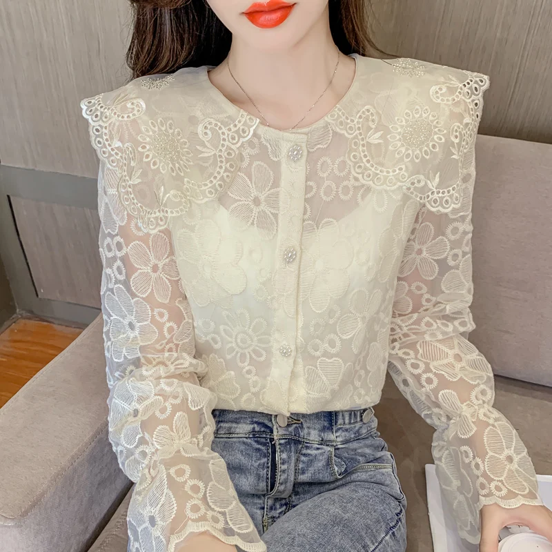 

Lace Women's Blouse Casual O-neck Girl's Shirt Summer Casual Fashion New Long Sleeve Top Korean Office Lady Blusas Houthion