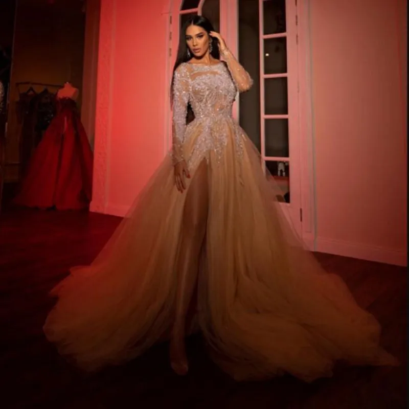

High Split Nightgown Dress Champagne Party Dresses Beading Applique Lush Sexy Prom Gowns Long Sleeve Formal Dress Backless