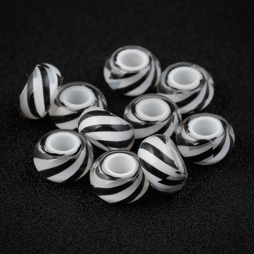

10pcs a lot Black white stripes Acrylic Beads Fit For Pandora Charms Bracelet Big Hole Bead DIY European Murano jewelry making