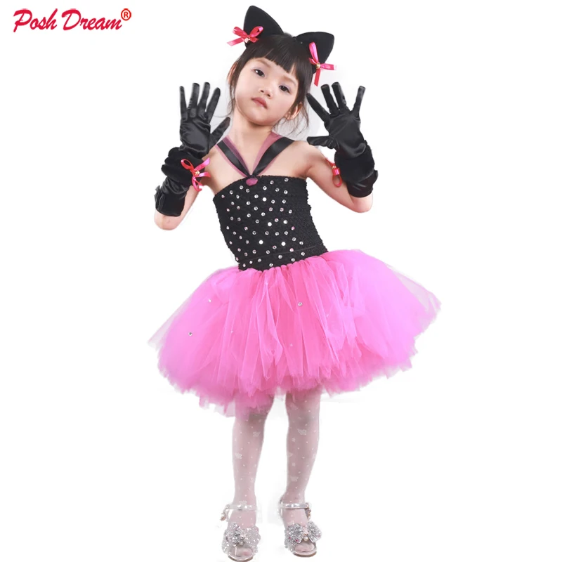 

Шикарные детские платья для костюмированной вечеринки с изображением кота из мультфильма для девочек на Хэллоуин, вечерние платья с черными кошачьими ушками, детские платья-пачки для девочек на день рождения