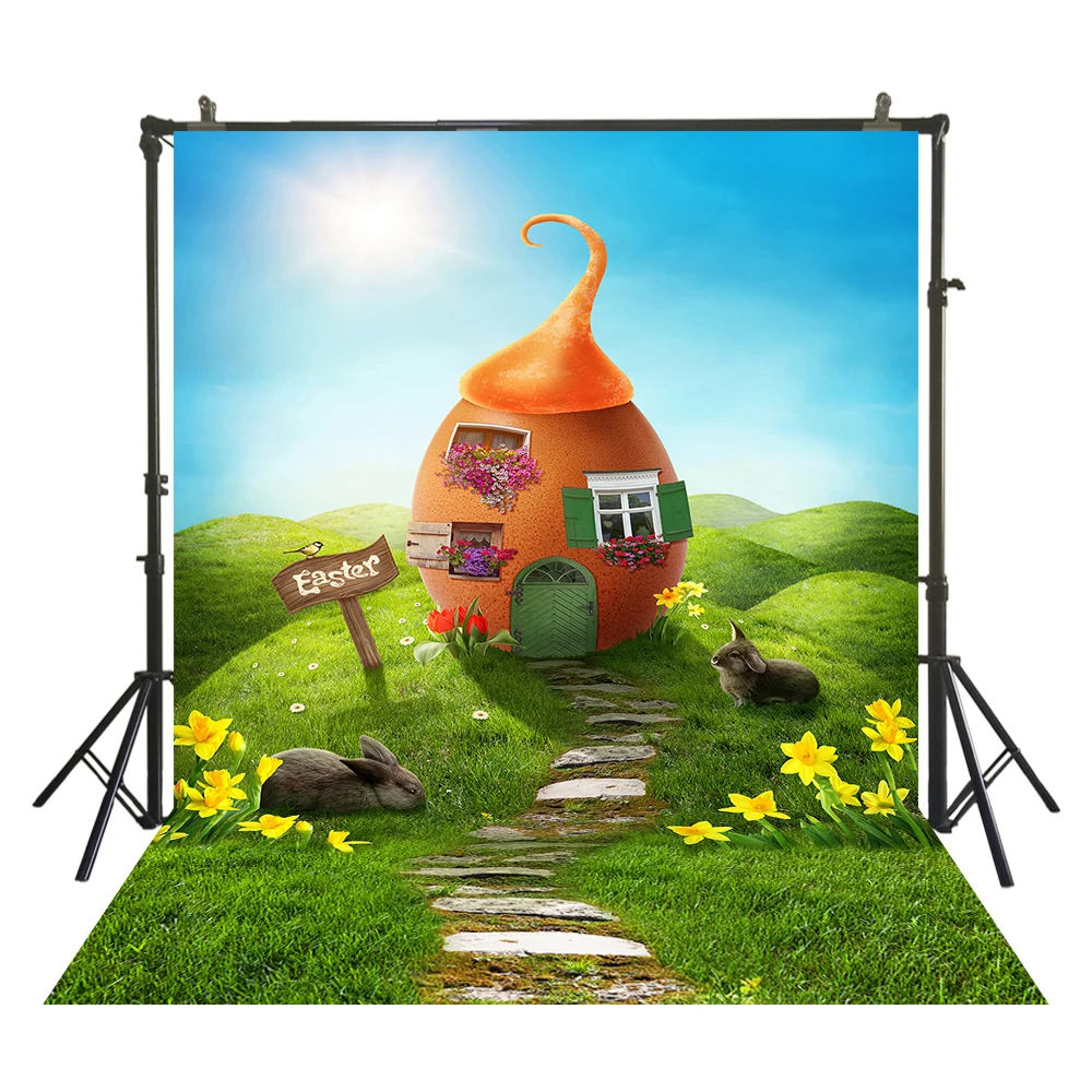 Фон для фотосъемки Пасхальный день яйцо дом Кролик цветок Весенняя сцена детский