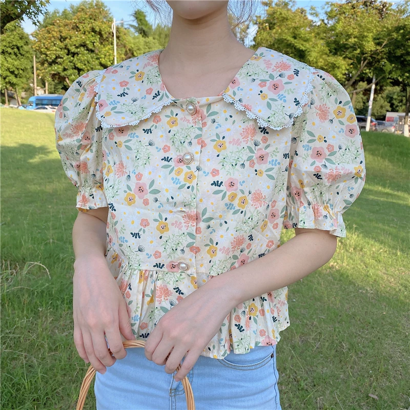 Летний укороченный топ с принтом Питер Пэн и воротником Женская одежда Шикарные