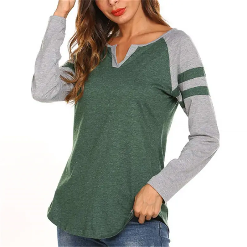 

Women's Raglan Long Sleeve T-Shirt Fashion Striped Patchwork Design Curved Hem Loose Fit Henley V Neck Baseball Tee Shirt Tops