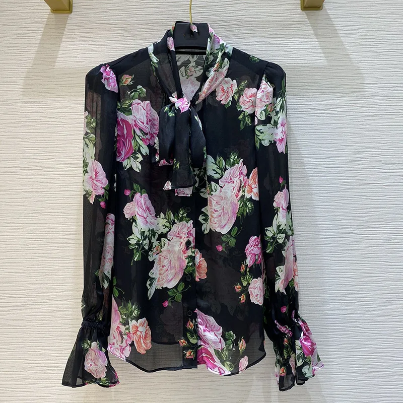 

Женская модная и элегантная рубашка, однобортная рубашка на шнуровке с принтом роз и длинными рукавами, выглядит тонкой, лето