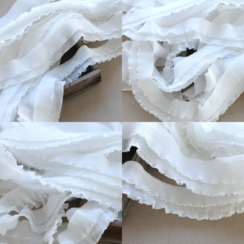 

12meters Two Layers Ruffle Lace Trim Silver Edge Satin Pleated Ribbon Fabric Hem For DIY Crafts Baby Dress Bouquet 6cm Width