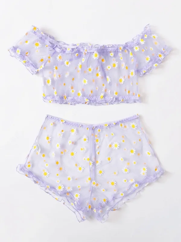 

Women Exotic Sets Sexy Lace Floral Little Daisy See Through Transparent Off Shoulder Puff Sleeve Lace Up Cropped Bra Top+Shorts